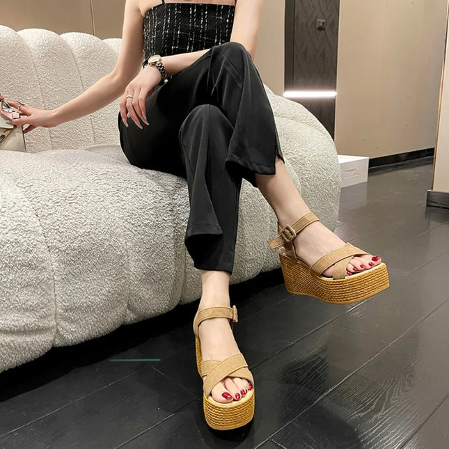 9cm Summer Women's Sandals Fashion High Heel Slope Heel Platform Open Toe Women's Sandals Size 34-42