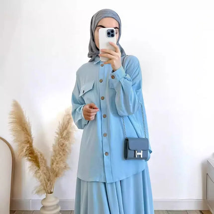 2-Piece Long Sleeve Shirt and Skirts Set for Women Elegant Abaya Dubai Turkey Islamic Casual Tops Monochromatic Skirt Fashion