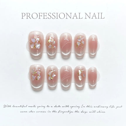 10Pcs Reuse Finished Fake Nails with Butterfly Deisgn Pink Cat's Eye French