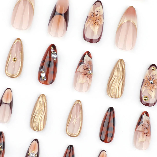 24Pcs Gold Ripple Brown Flowers False Nails with Rhinestones Pearl Design