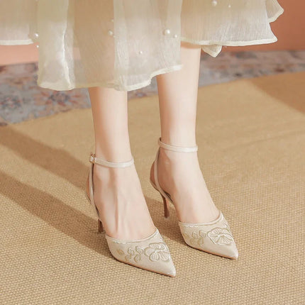 Women Fashion Pumps Woman 7cm Flower Heels High Heel Shoes Buckle Strap Silk Shallow Pointed Toe Sandals Lady Wedding Shoe white