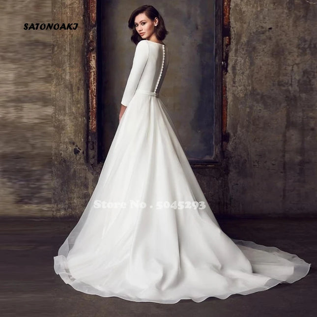 Customized Simple Princess Wedding Dress for Bride A-Line Long Sleeves Sweep Train