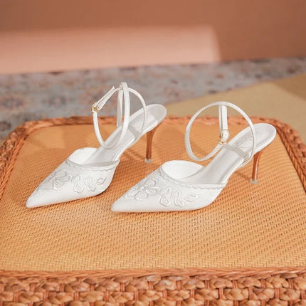 Women Fashion Pumps Woman 7cm Flower Heels High Heel Shoes Buckle Strap Silk Shallow Pointed Toe Sandals Lady Wedding Shoe white
