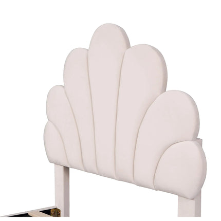 90 x 200 cm Single Bed for Teenagers and Adult , Beige Velvet Fabric with Flower-shaped Headboard and Slatted Frame