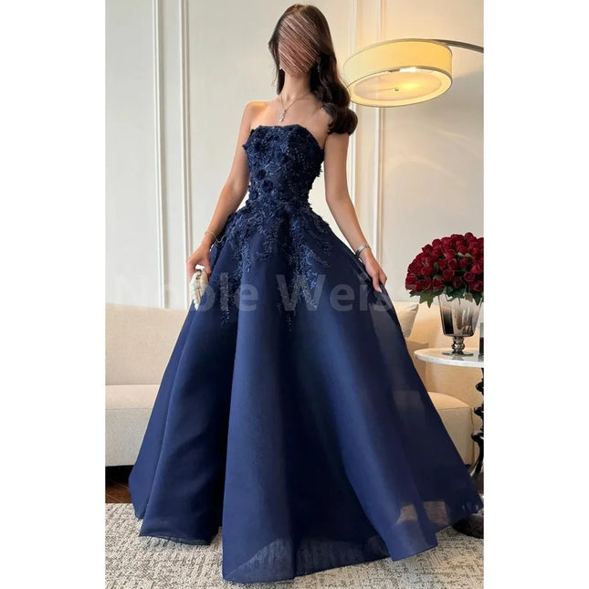 A Line Prom Dress Strapless Floor Length Applique Evening Dress Customized