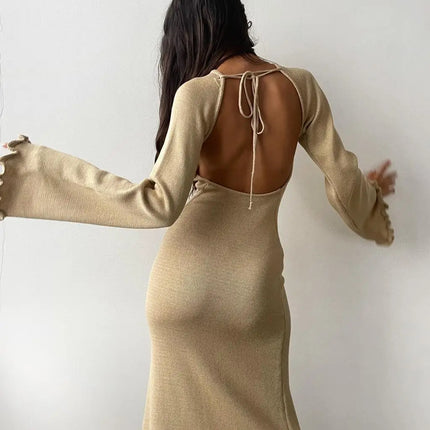 Cryptographic Elegant Knitted Sweater Maxi Dress Outfits for Women Flare Sleeve Sexy Backless Dresses Edible Tree Fungus Clothes