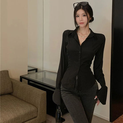 Gidyq Fashion Women Bandage Shirts Korean All Match Streetwear Female Slim Blouse Spring Casual White Bell Sleeve Shirt New