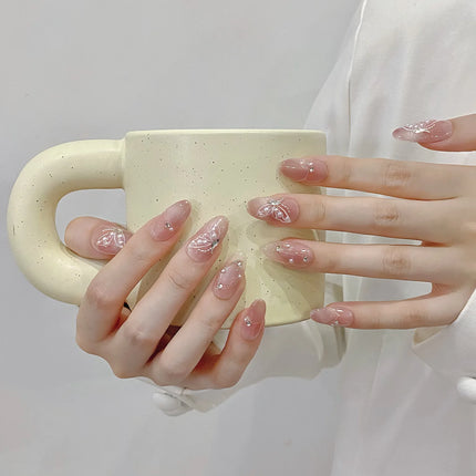 10Pcs Reuse Finished Fake Nails with Butterfly Deisgn Pink Cat's Eye French