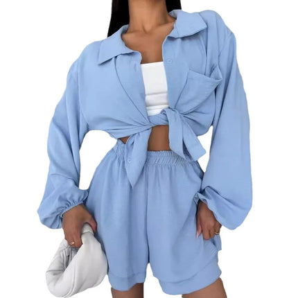 Short Sets Solid Women Two Pieces Suits High Waist Shorts Turn Down Collar Long Sleeve Shirt
