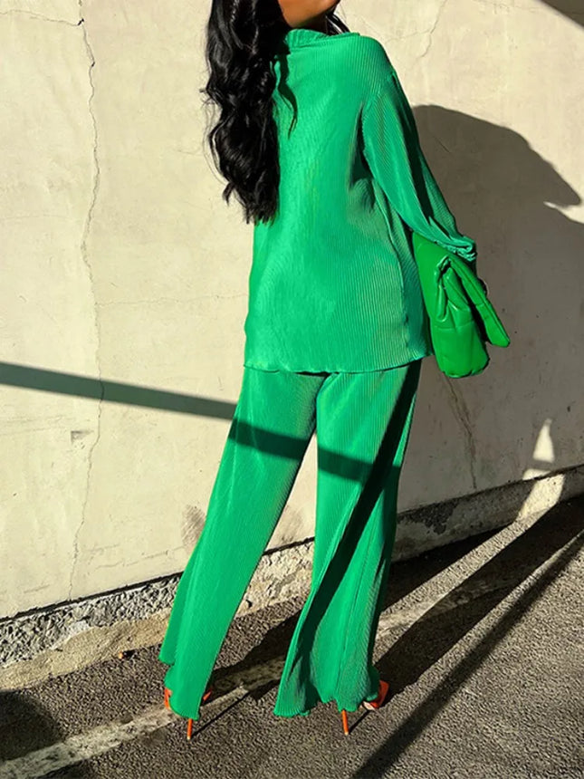 Fashion Pleated Women's Set Long Sleeve Oversized Shirt and Wide Leg Pants 2023 Elegant Tracksuit Two 2 Piece Set Outfits