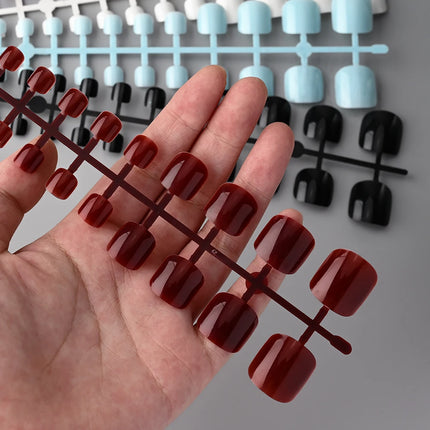 144pcs Short Square False Toe Nails Lake Blue/White/Red/Nude Press