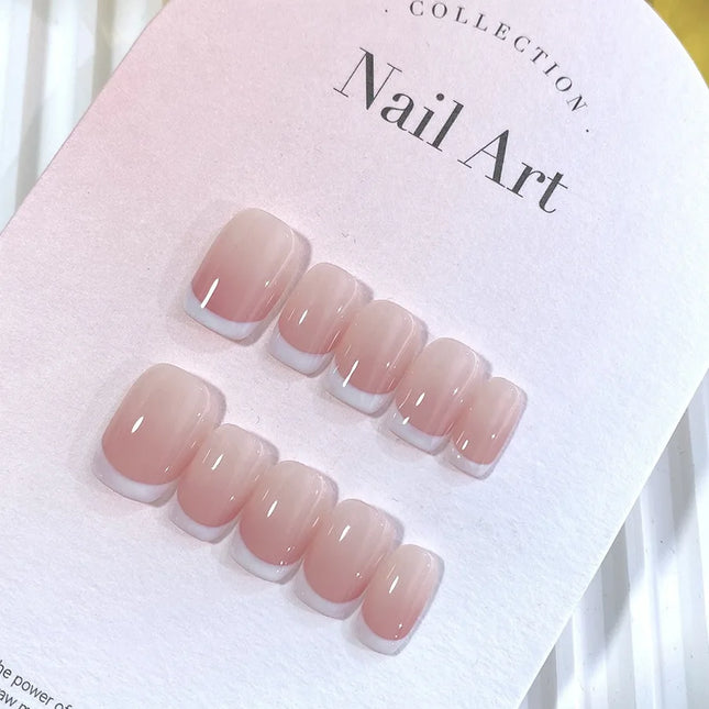 10pcs Pink French Handmade Nails Short French style Handmade Wear Nail for Women&Girl Whitening