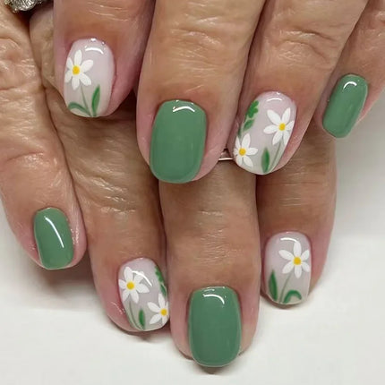 24pcs Short Square Press on Nails Jade Flower Sparkling