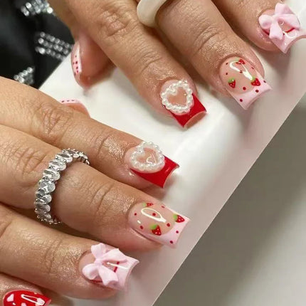 Blush Pink False Nails Bowknot Diamond Pearl 3D Design Press on Nail Tips