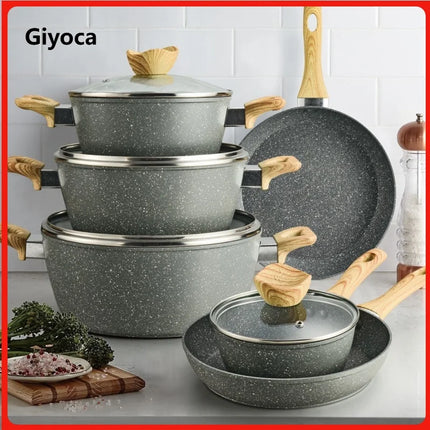 Giyoca Spot Goods Non-stick Pot Set Frying Pan Soup Pot with Lid Aluminium Kitchen Multi-function Set