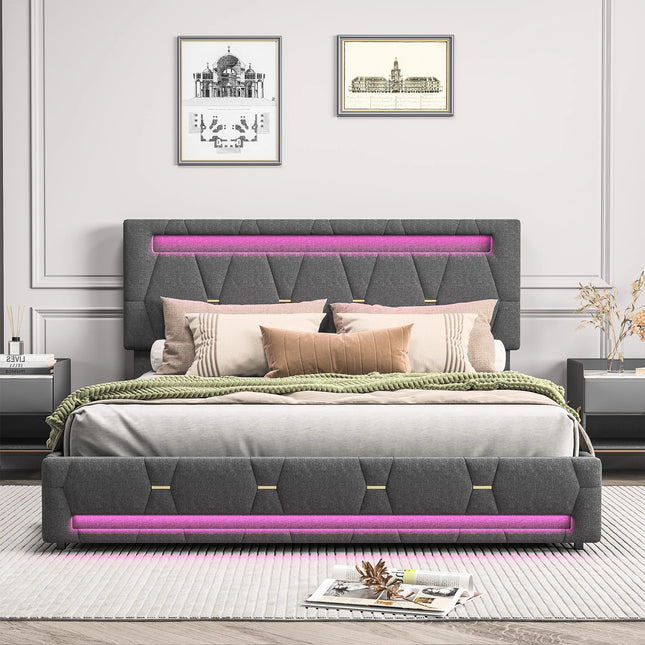 140x200cm Upholstered Double Bed Frame,Grey Linen Bedframe with LED Lights and 4 Drawers, with Slatted Frame, no Mattress