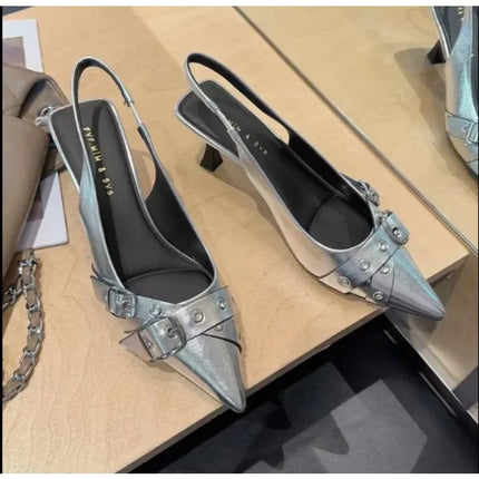 Women Sandals Fashion Pointed Toe Buckle Strap Metal High Heeled Kitten Heel