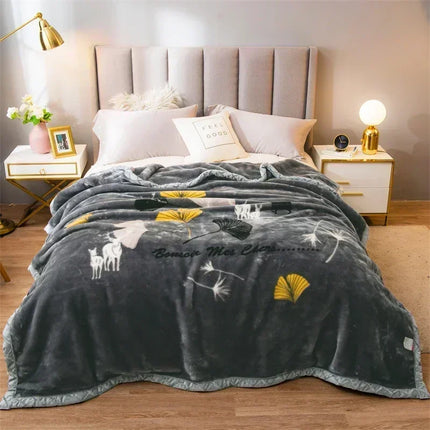 Double Sided Printed Autumn Winter Blankets for Bed Soft Warm Encrypted Flocking Raschel Blanket Skin Friendly Weighted Blanket