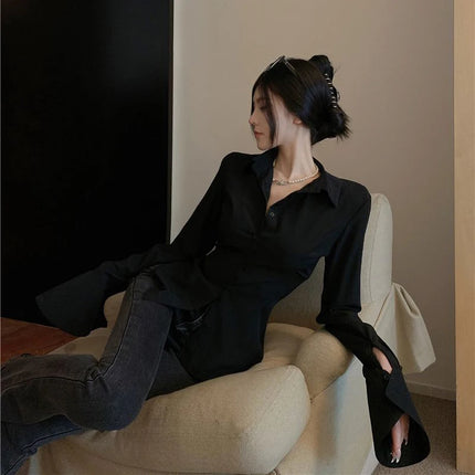 Gidyq Fashion Women Bandage Shirts Korean All Match Streetwear Female Slim Blouse Spring Casual White Bell Sleeve Shirt New