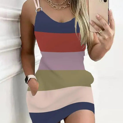 Y2K Fashion Women's Dress Casual Sexy Strap Sleeveless Denim Look Print Chain Decor Casual Dress 2025 Summer New Ottd