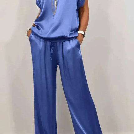 Casual Loose Satin T Shirt Pants Two Piece Sets Women Fashion O-neck Short Sleeve T Shirts Suit Spring Summer