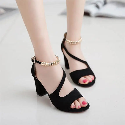 Summer Fish Mouth Fashion Chunky Sandals Women's Medium with A Line Buckle 100 Network Red Casual Women's High Heels