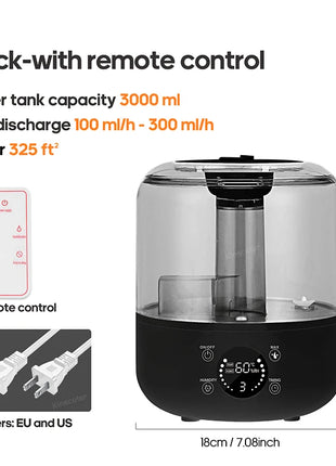 KINSCOTER 3L Air Humidifier Professional Large Capacity Home Humidifier Plant Mist Aroma Diffuser with Remote Control Timer