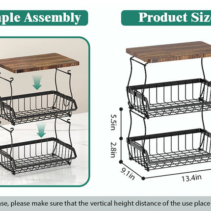3 Tier Countertop Fruit Basket Bread Bowl with Wooden Top for Kitchen,Stackable Vegetable Onion Storage Wire Basket with Hangers