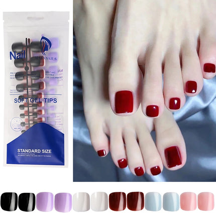 144pcs Short Square False Toe Nails Lake Blue/White/Red/Nude Press