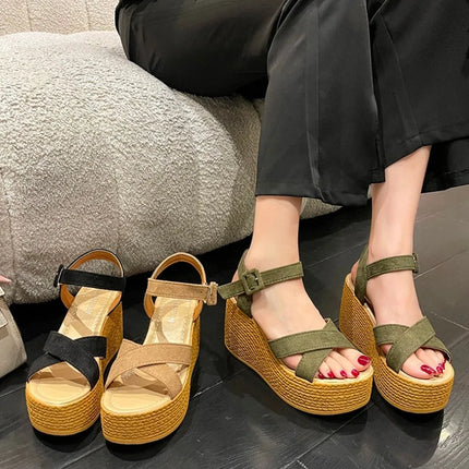 9cm Summer Women's Sandals Fashion High Heel Slope Heel Platform Open Toe Women's Sandals Size 34-42