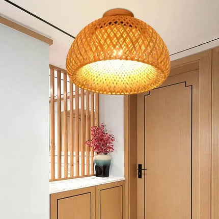Handmade Boho Bamboo Wicker Ceiling Light Fixture Traditional Farmhouse Bedroom Nursery Hallway Corridor Mount Ceiling Light