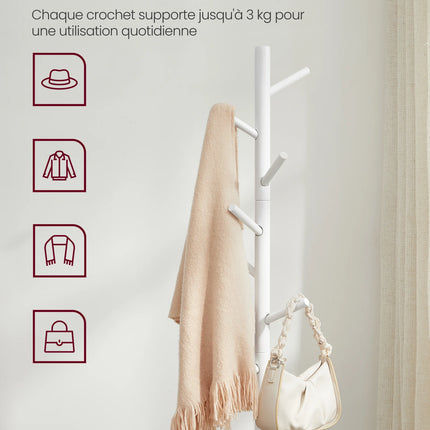 Standing Coat Rack, Solid Wood Coat Rack, Tree-Shaped Coat Rack with 8 Hooks, 3 Height Options, for Clothes, Hats, Bags