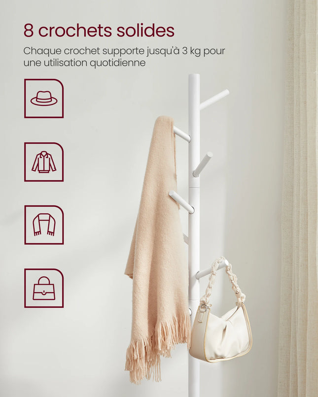 Standing Coat Rack, Solid Wood Coat Rack, Tree-Shaped Coat Rack with 8 Hooks, 3 Height Options, for Clothes, Hats, Bags