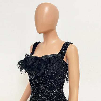 Spring And Summer Women's Clothing MINI Short Solid Color New Wind Sequins Halter Beach Dress One-word Shoulder Feathers Spice G