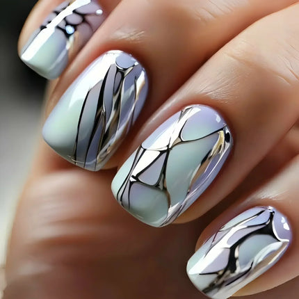 24pcs Short Square Press on Nails Jade Flower Sparkling
