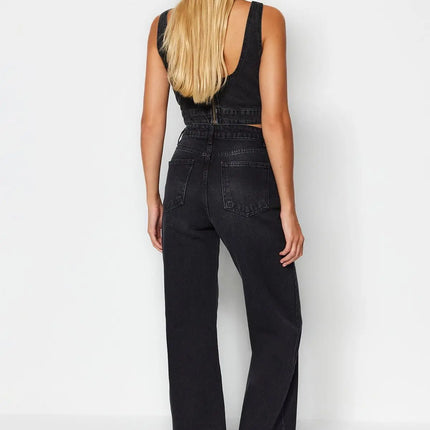 Trendyol TYZA Women's Jeans Casual Beltless Wide Leg Denim Plain Jeans Wide Leg Casual Pants Denim Pants
