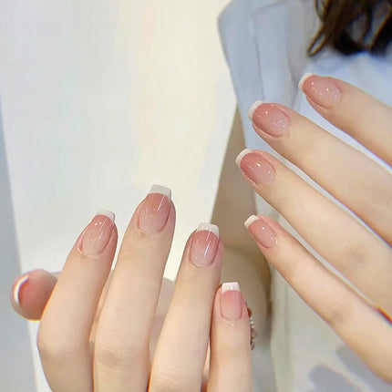 10pcs Pink French Handmade Nails Short French style Handmade Wear Nail for Women&Girl Whitening