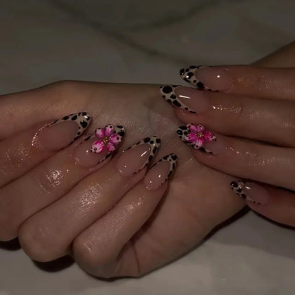 24pcs Leopard Print Almond Fake Press on Nails with Mini Flower Acrylic