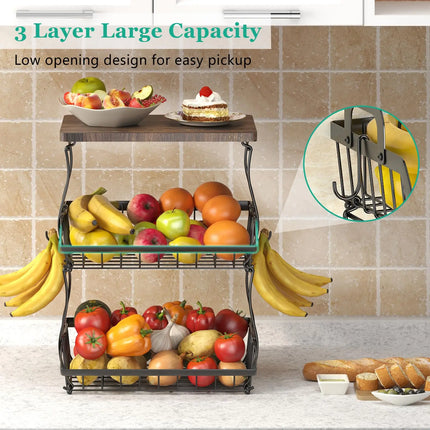 3 Tier Countertop Fruit Basket Bread Bowl with Wooden Top for Kitchen,Stackable Vegetable Onion Storage Wire Basket with Hangers