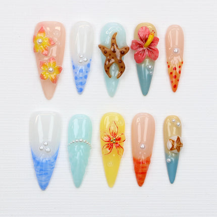 10Pcs Custom 3D beautiful handmade Flowers Manicure Press On Nails,
