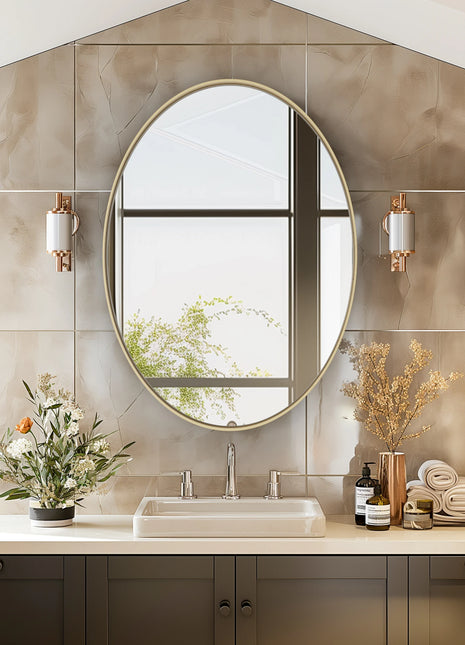 Oval Gold Bathroom Mirror, Gold Framed Mirror for Wall, Metal Frame Gold Circle Mirror Decorative