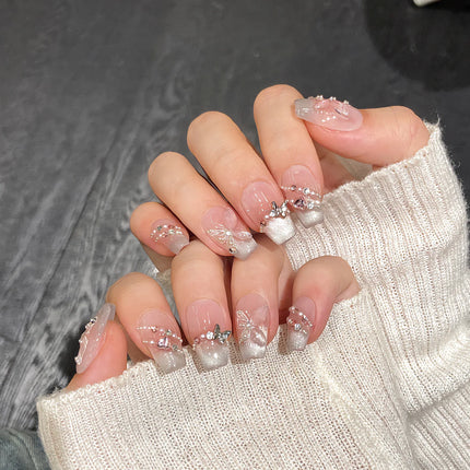 10Pcs Reuse Finished Fake Nails with Butterfly Deisgn Pink Cat's Eye French