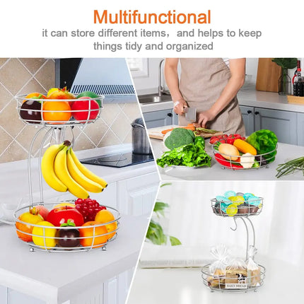 2-Tier Fruit Basket, Metal Fruit Bowl, Bread Baskets, Fruit Holder, Large Fruit Stand Organizer With Banana Hanger, Black