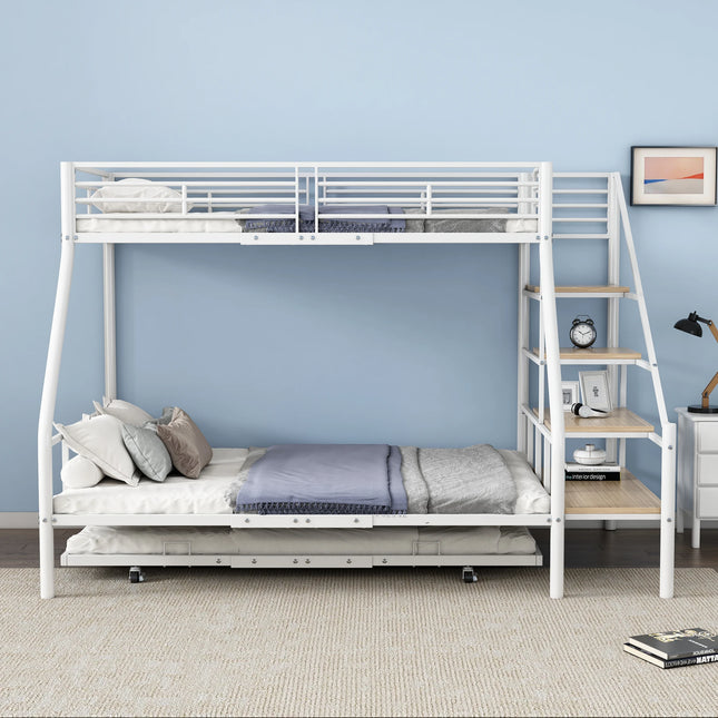Bunk bed 90x200 cm White Metal Bed with Pull-out Bed storage ladder for Children Teens and Adults