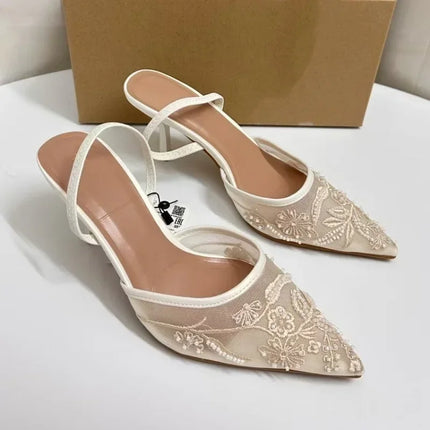 Brand Designer White Women Wedding Pumps Mesh Embroidered Flowers Back Strap