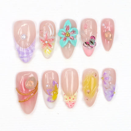 10Pcs Custom 3D beautiful handmade Flowers Manicure Press On Nails,