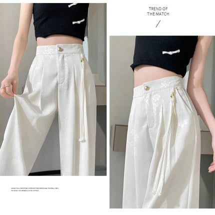 New Chinese Style Jacquard Wide Leg Satin Pants for Women Elegant Solid Office Lady Women's Casual Loose Pants Female