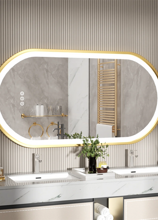 Gold Frame Oval Bathroom Mirror LED Lighted Anti-Fog Smart Vanity Mirror Anti-fog Dimmable Illuminated Innovative Makeup Mirror