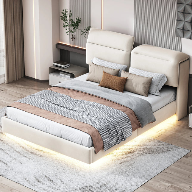 160x200/140x200cm Beige Velvet Double Bed Frame,foldable Headrest,storage Space with Hydraulic Rod,LED Light Under The Bed