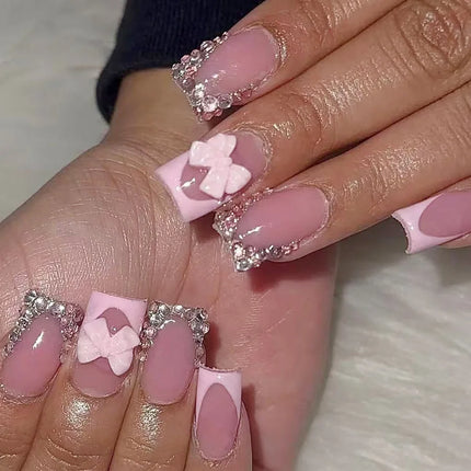 Blush Pink False Nails Bowknot Diamond Pearl 3D Design Press on Nail Tips